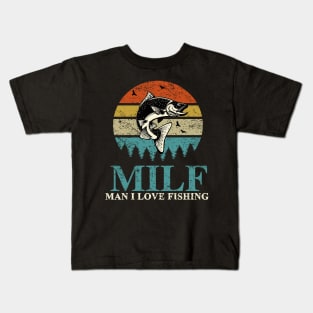 MILF-Man I Love Fishing Retro Vintage Sunset Funny Fishing Distressed Design Kids T-Shirt